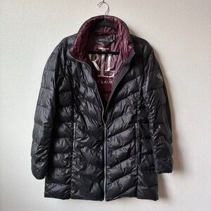 Ralph Lauren Women's Large Black Puffer Coat with Burgundy Lining Down & Feather